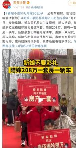 ​新娘不要彩礼，反倒陪嫁208万人民币一套房一辆车！